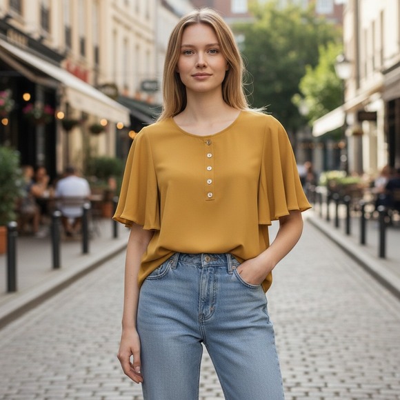 Zenana Outfitters Tops - Zenana Premium Blouse Womens Large Mustard Yellow Flutter Sleeve Henley‎ Flowy